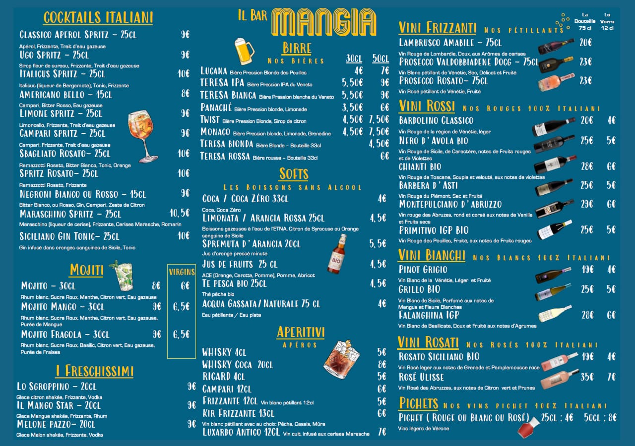 Carte des boissons restaurant Mangia